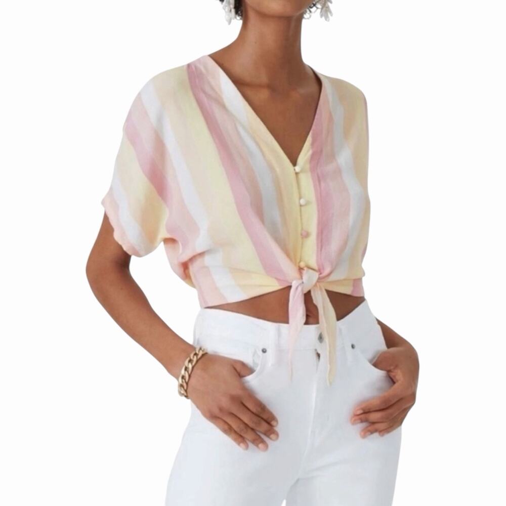 Rails Thea Top NWT Women’s Pacific Stripe Tie Front Short Sleeve Blouse Size XS